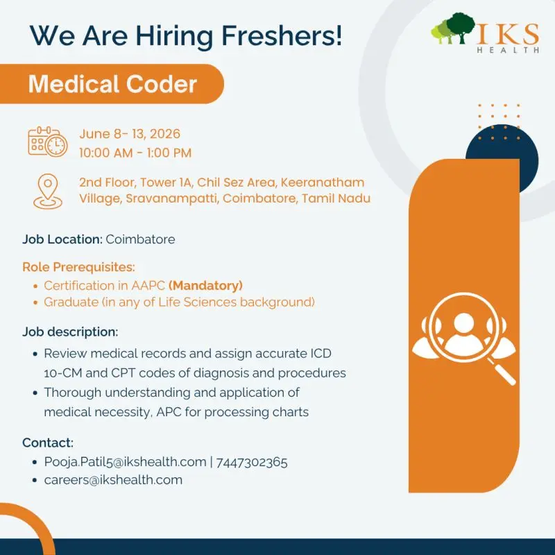 IKS Healthcare Medical coding Jobs for Freshers 3 IKS Health Hiring Certified Medical Coding Freshers in Coimbatore