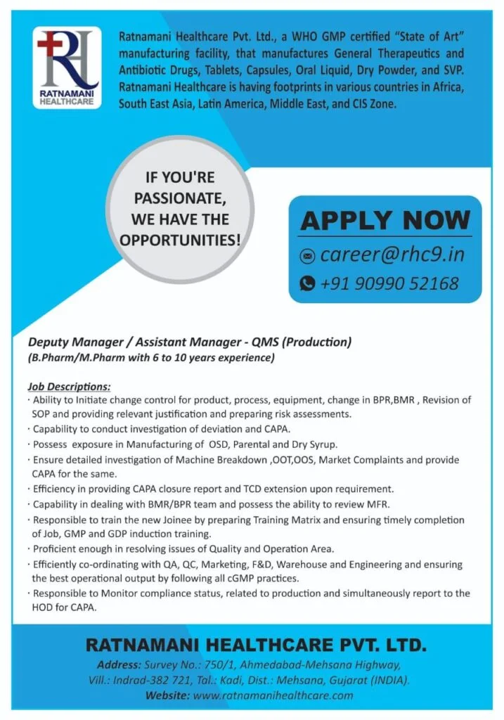 Microbiology & Production QMS Job vacancies for Bsc, Msc, B pharmacy and M pharmacy Candidates