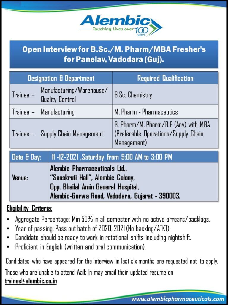 Alembic Pharmaceuticals fresher pharma jobs for B pharm, M pharm, Bsc Chemistry Candidates