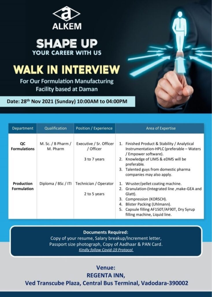 alkem laboratories formulation qc production job vacancies for bsc b pharm msc iti and diploma candidates