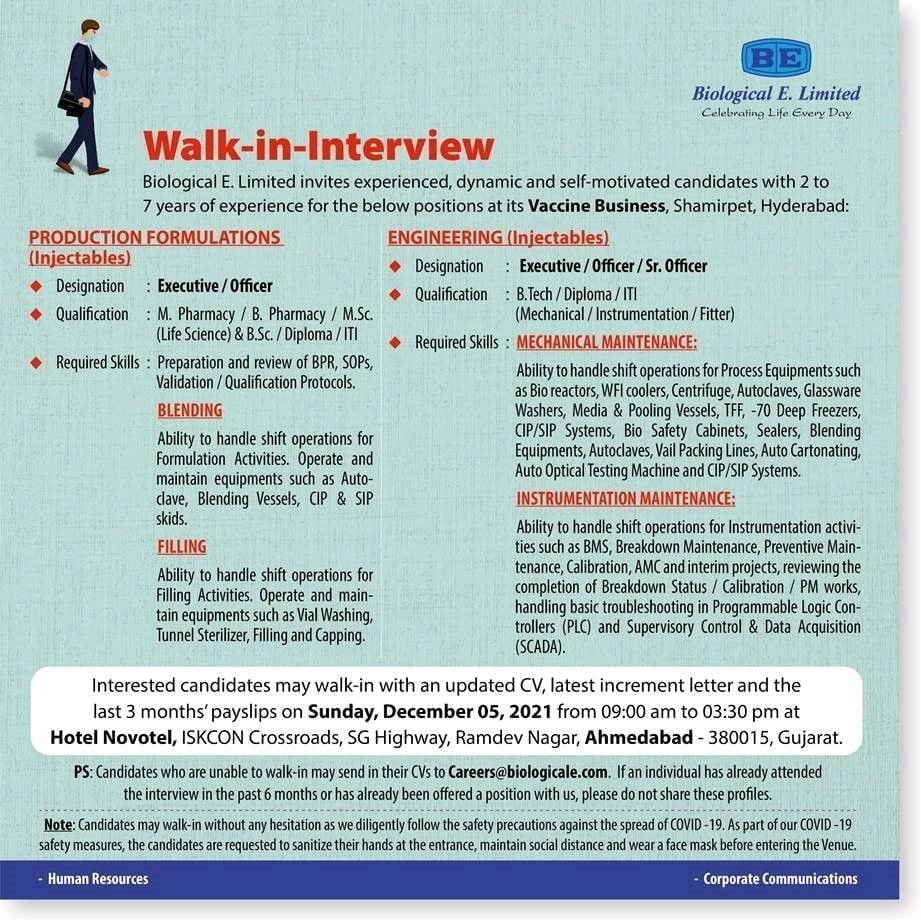 biological e walk in interview for m pharm msc bsc