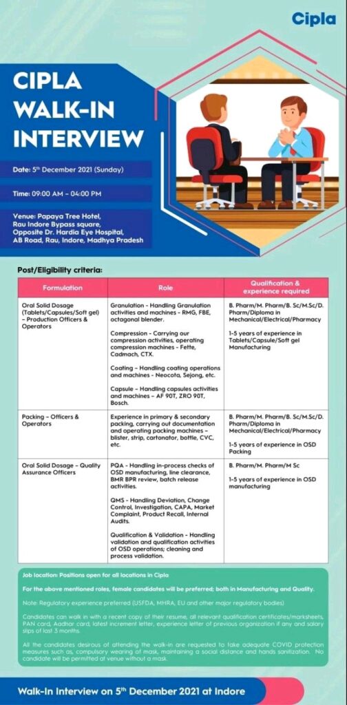 cipla pharma job vacancies for b pharm m pharmacy bsc msc d pharm diploma candidates
