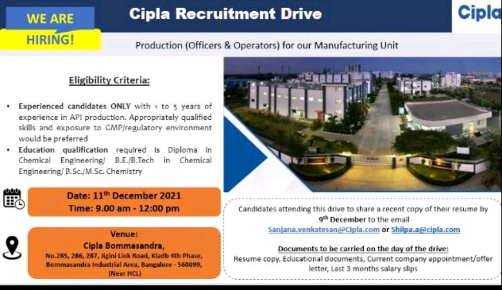 cipla walk in interview in Bangalore