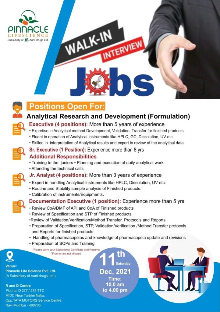 Pinnacle Life sciences Job Vacancies in Analytical Research and Development