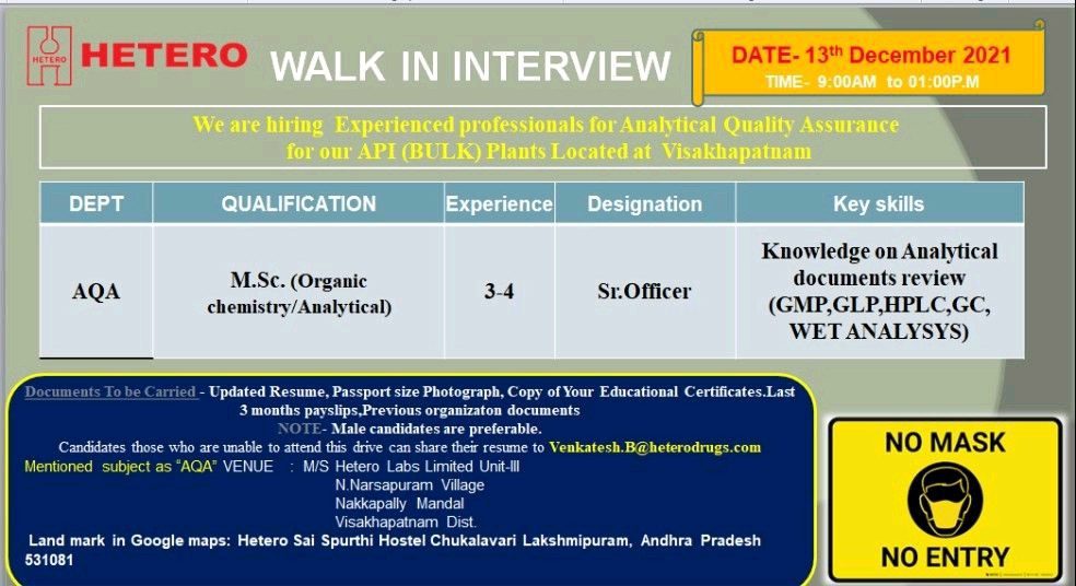 HETERO WALK IN INTERVIEW for AQA Department at Nakkapalli