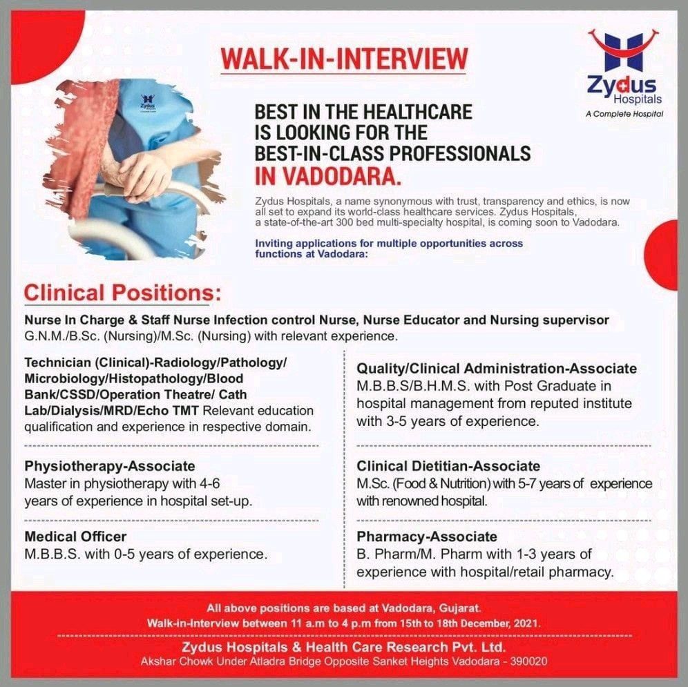 ZYDUS hospital urgent walk in interview at Vadodara 2022